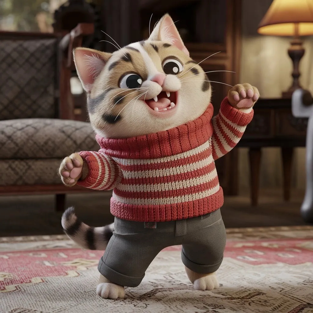 create a super cute cat wearing clothes standing and dancing, advertising style