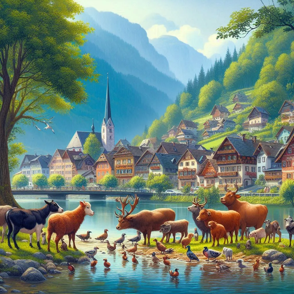 a painting of a village with animals by a lake