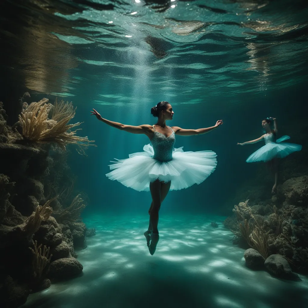 underwater ballet performance photoshoot, advertising style