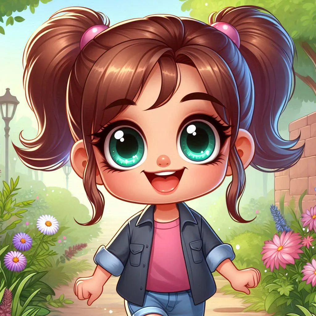 a cartoon girl walking down a path in a park