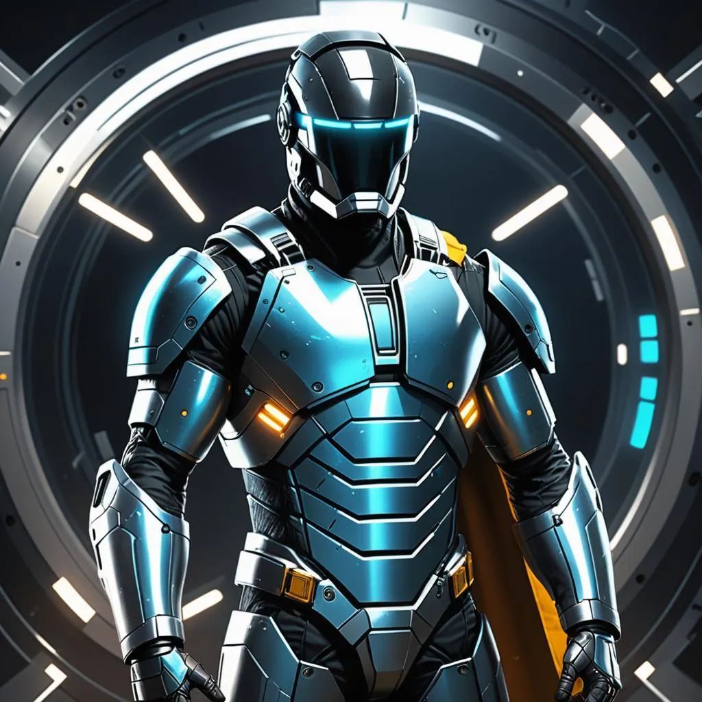 a man in a futuristic suit standing in front of a circle