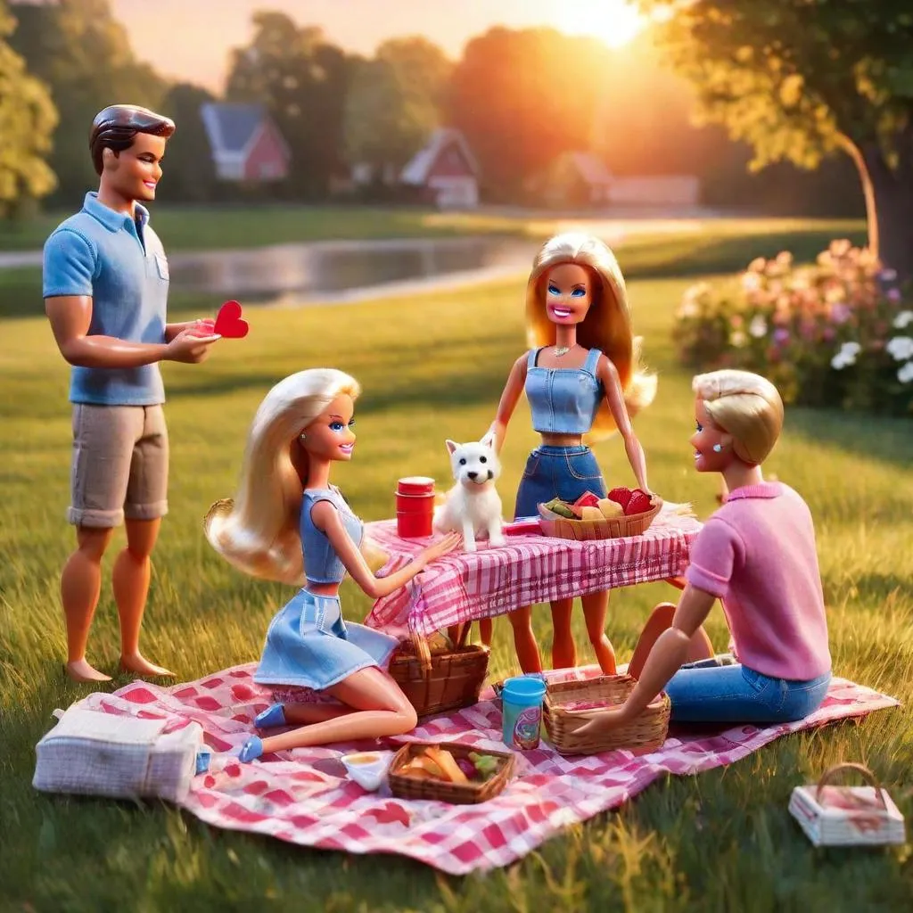 Two Barbie dolls and their dog having a picnic under a blossoming cherry tree in a peaceful, colorful countryside setting