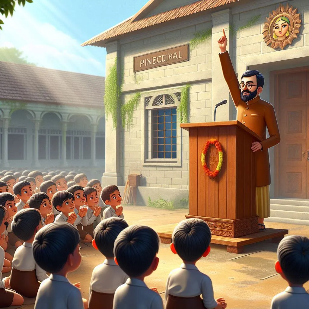 a painting of a man giving a speech to a group of children