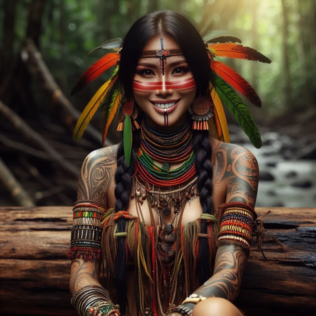 a native american woman sitting on a log in the woods