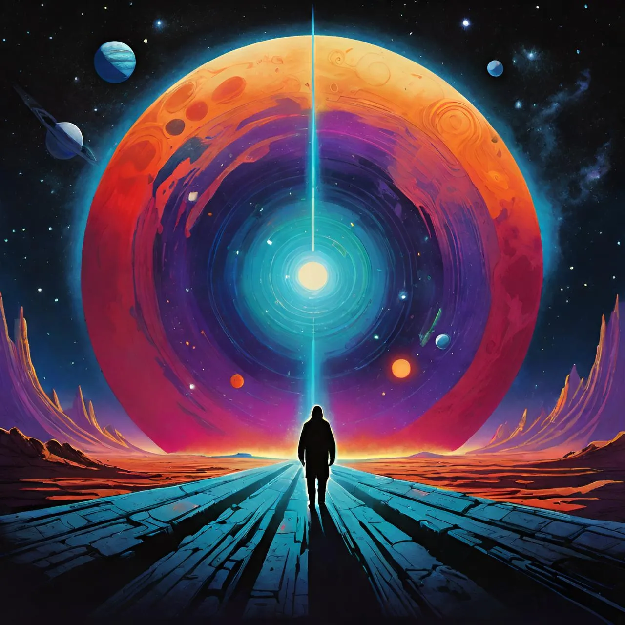 a man standing in front of a colorful space filled with planets