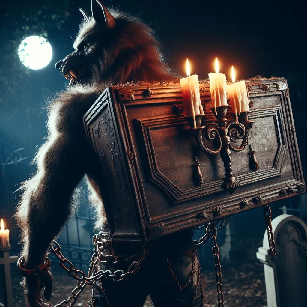 werewolf, with a coffin on his back, 3 candles on the coffin, chains around his waist and hands, seen from the back, misty night