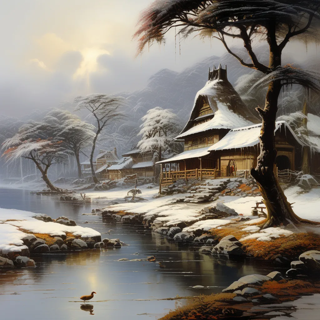 a painting of a winter scene with a lake and a house