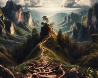 a painting of a path leading to a tree on top of a mountain