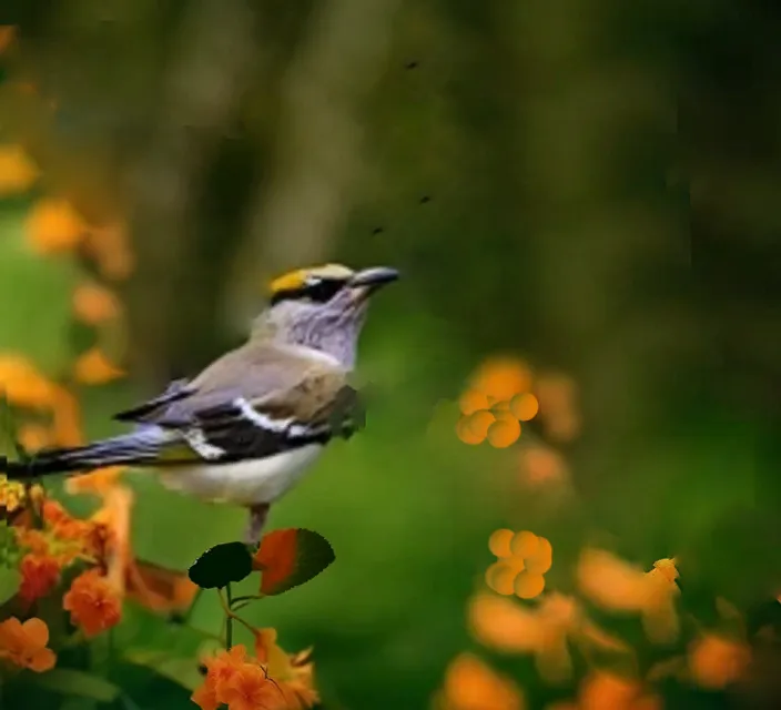 a bird sitting on a branch surrounded by flowers the bird sings