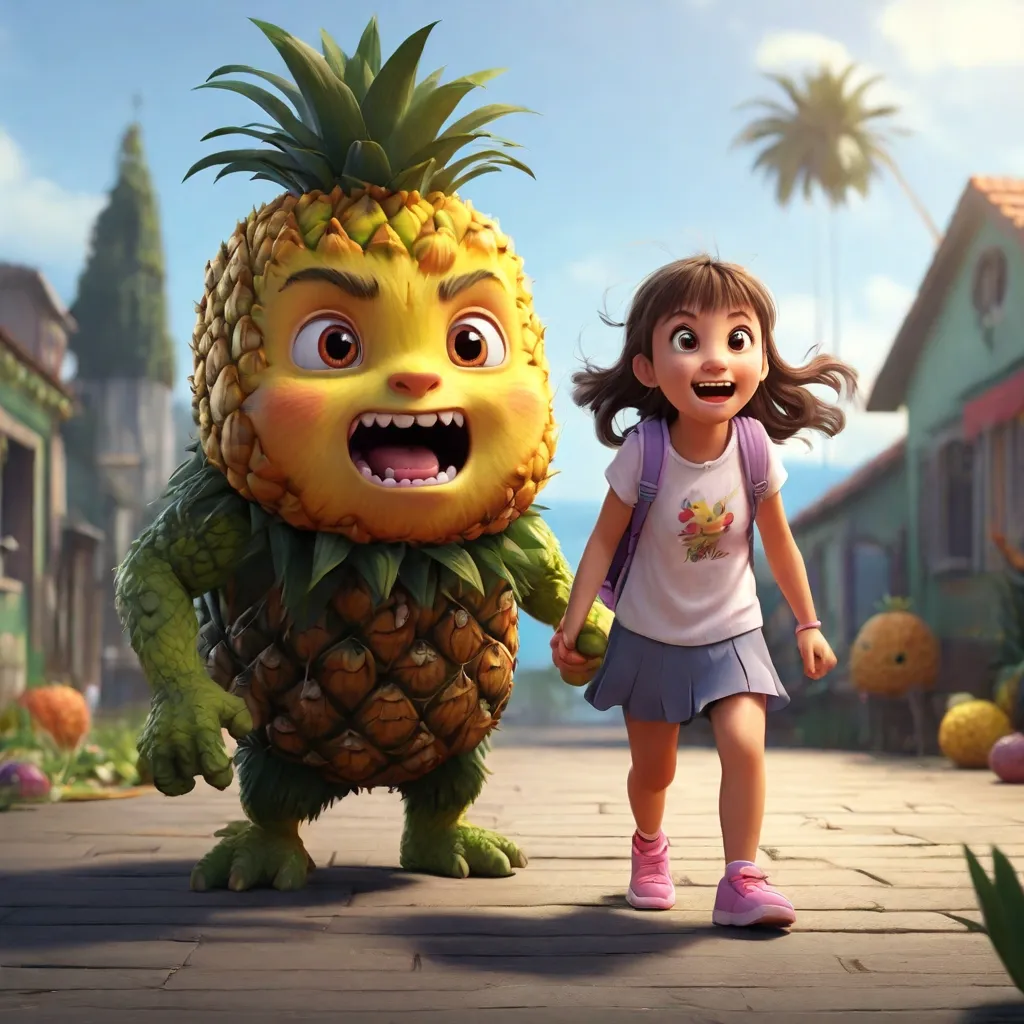 a little girl running away from giant pineapple, high detalization