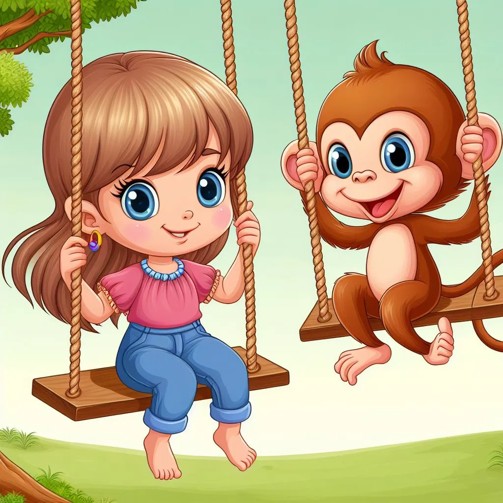 a girl and a monkey hanging on a rope