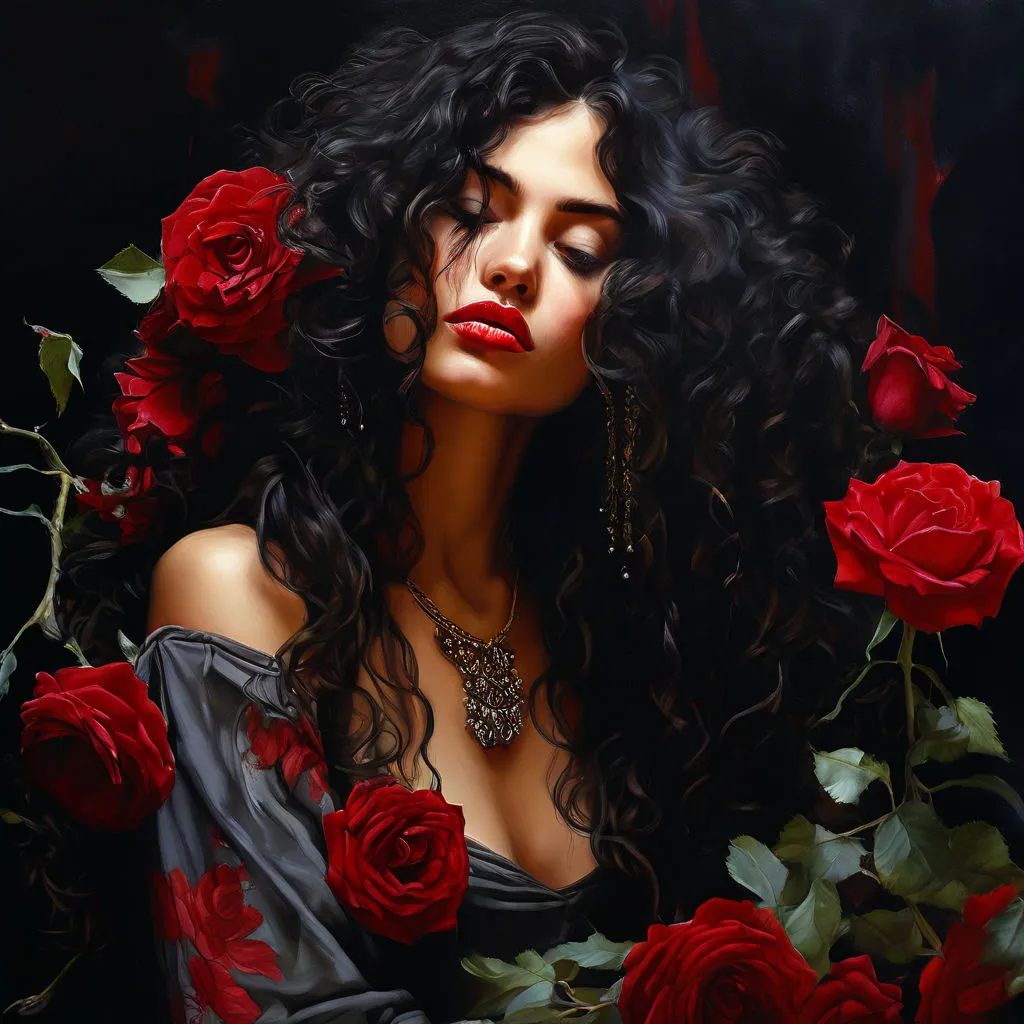 a painting of a woman surrounded by roses