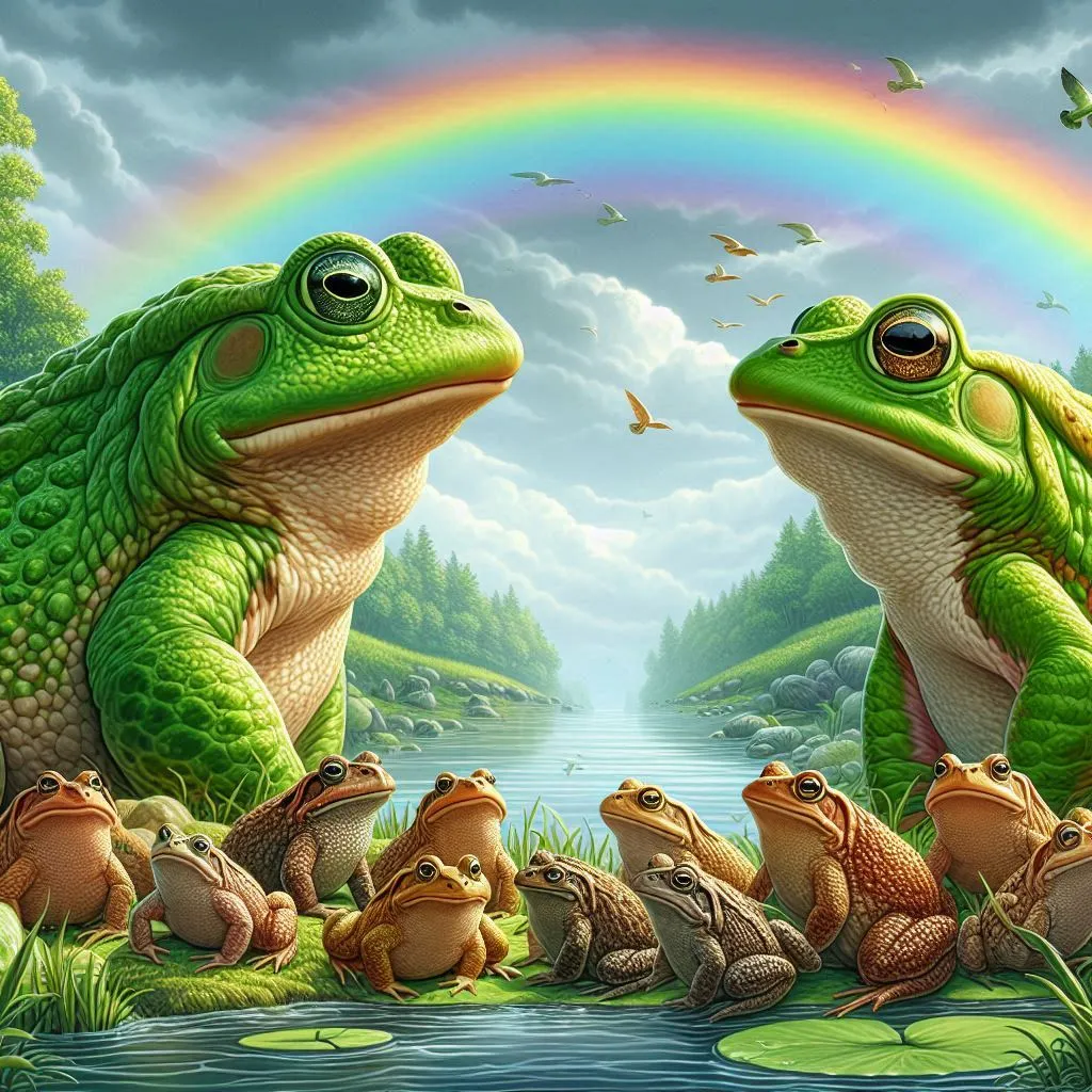 a group of frogs sitting next to each other in front of a rainbow