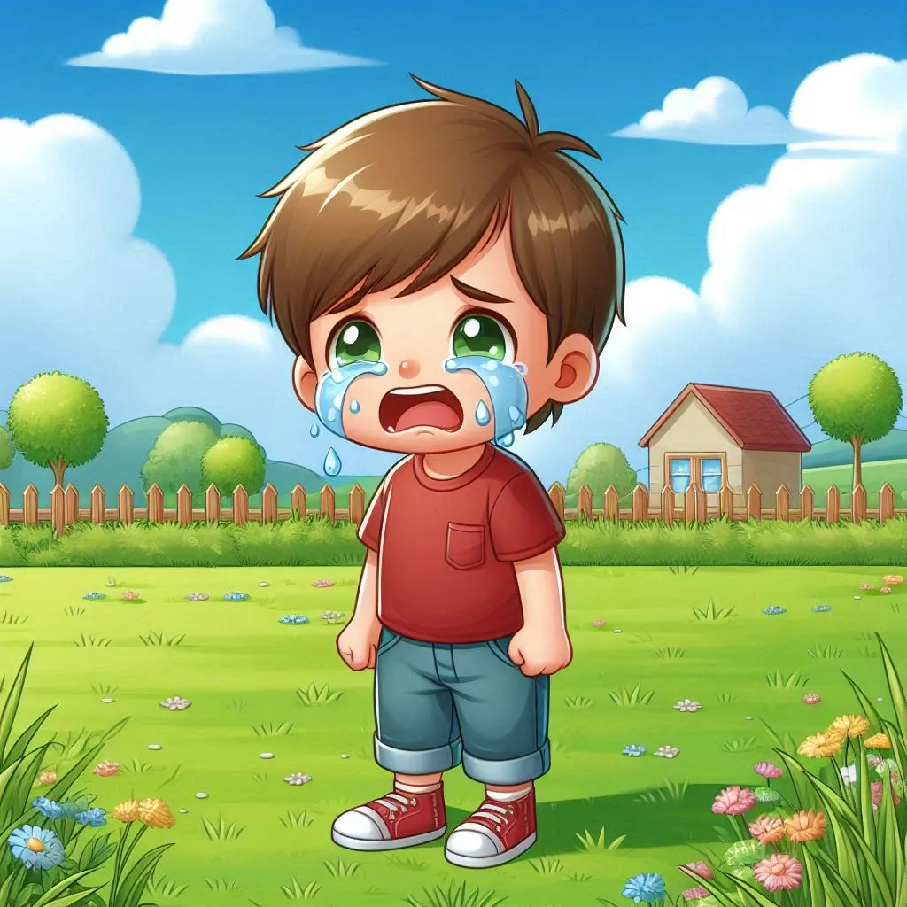 a boy crying in a field with a house in the background 3D animation cartoon 