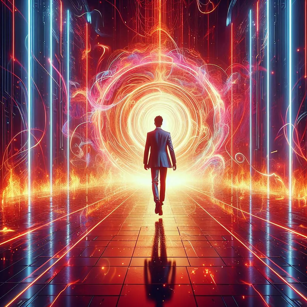 a man walking through a tunnel of neon lights