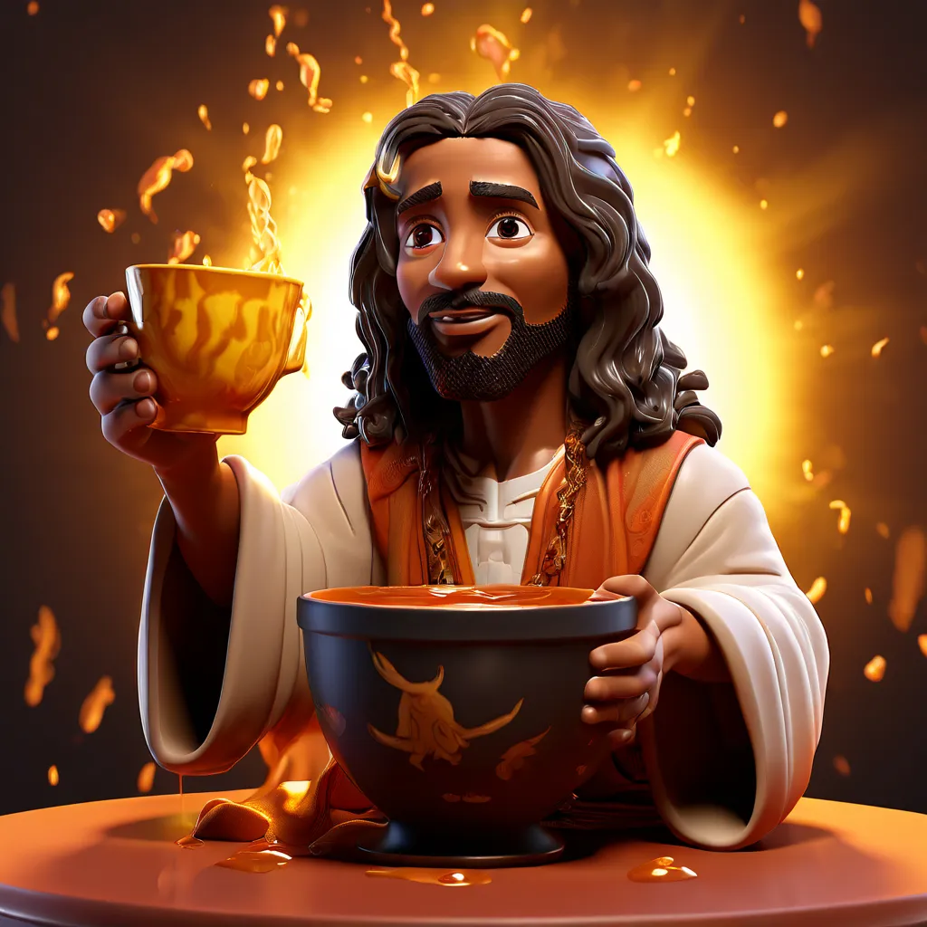 a statue of jesus holding a bowl of soup