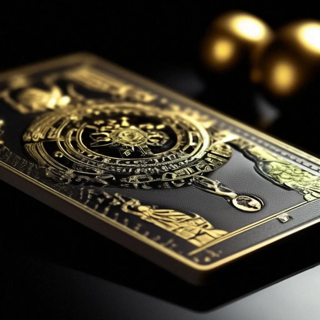 a gold and black playing card on a black surface