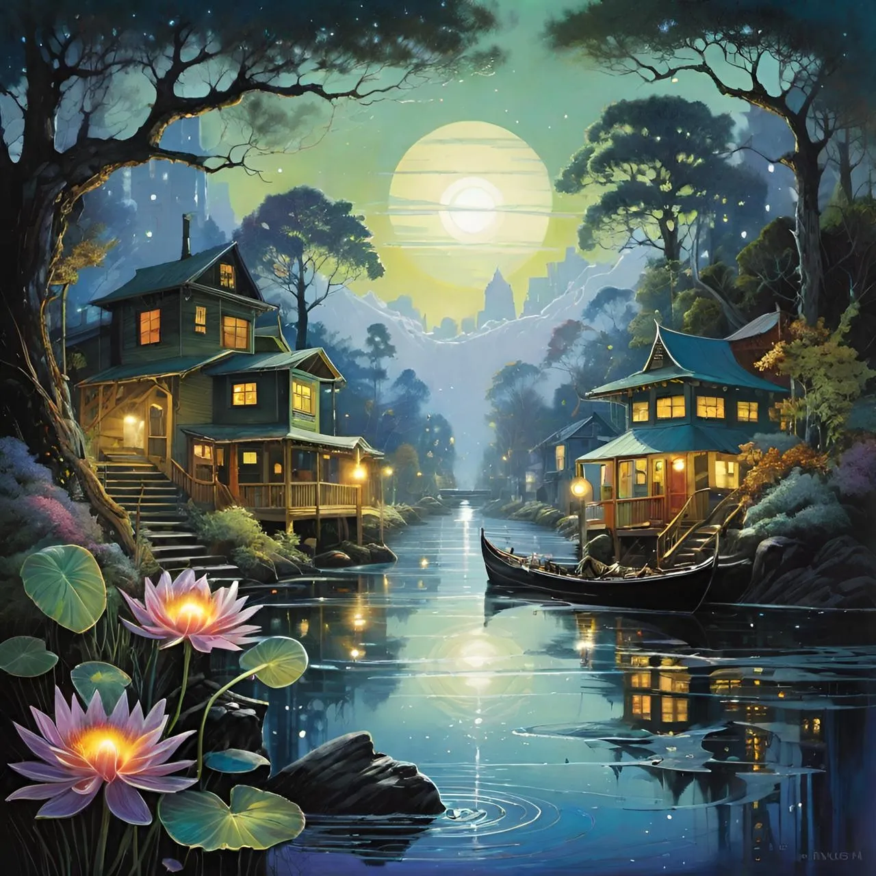 a painting of a boat floating on a river at night