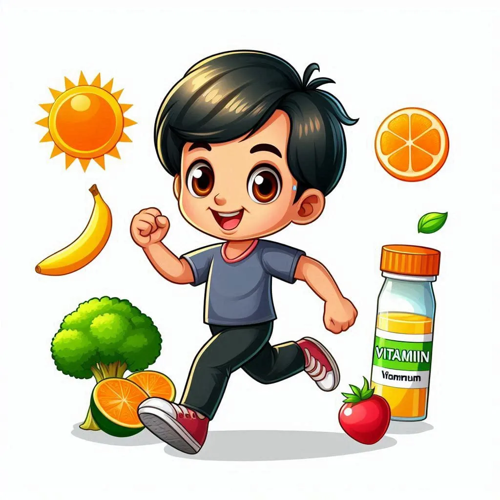 a young boy running near a bottle of vitamins