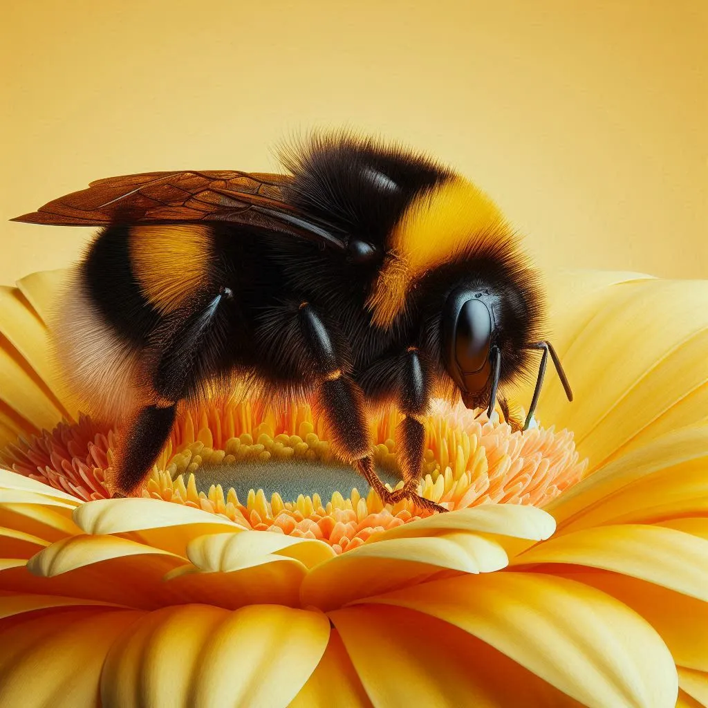 A big, shaggy, handsome bumblebee on a lemon-colored gerbera flower. Do not increase, only the movement of the paws