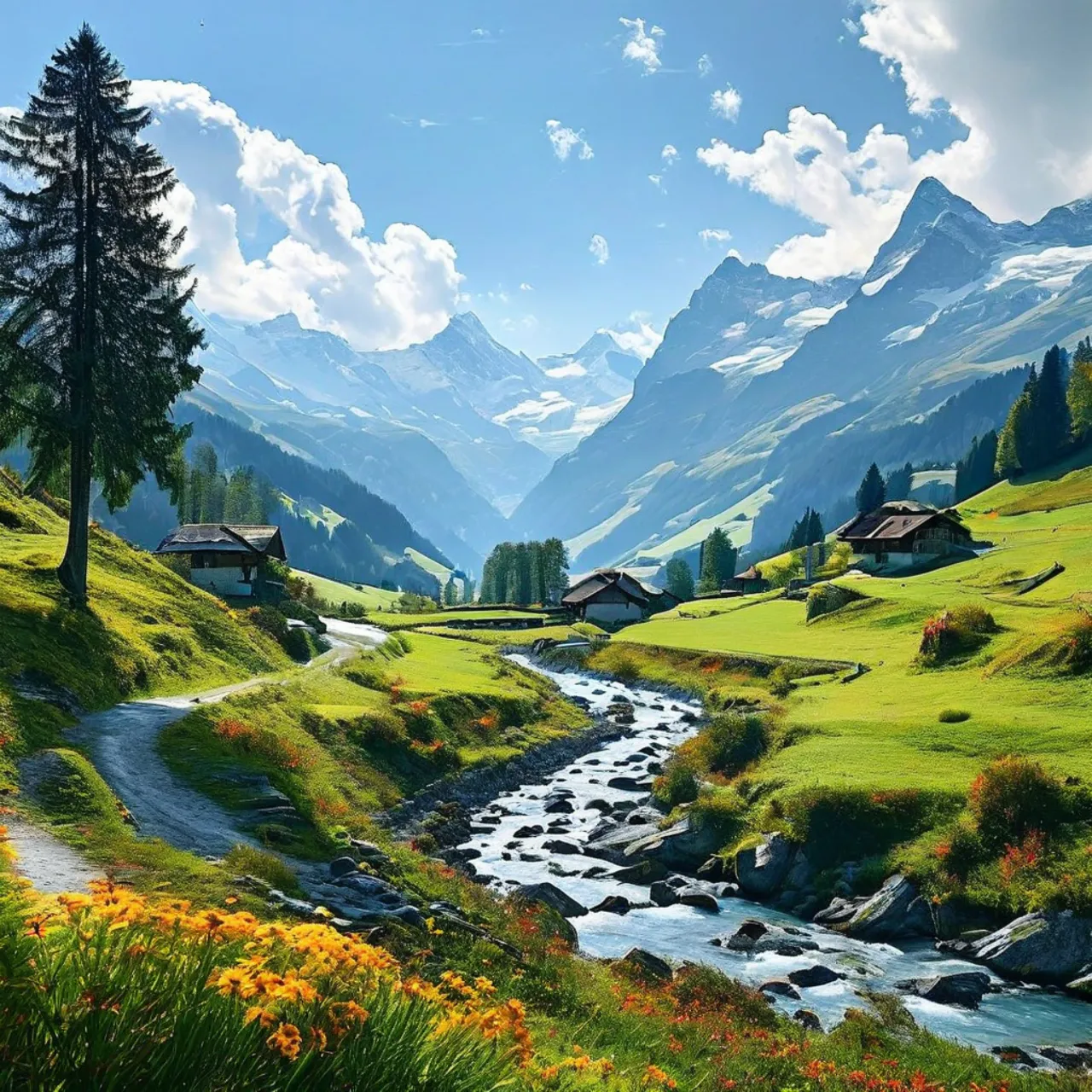 a painting of a mountain valley with a stream running through it