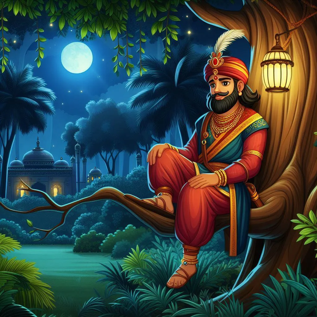 a painting of a man sitting on a tree branch