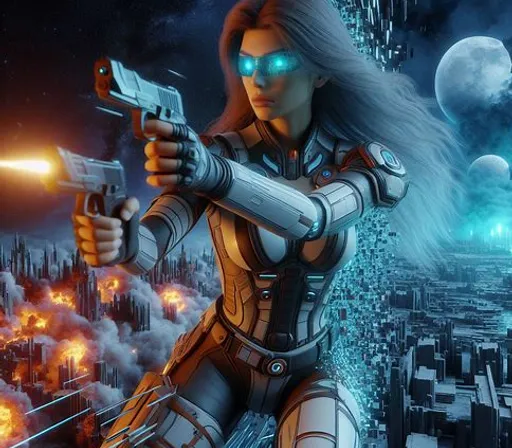 a woman holding a gun in front of a city