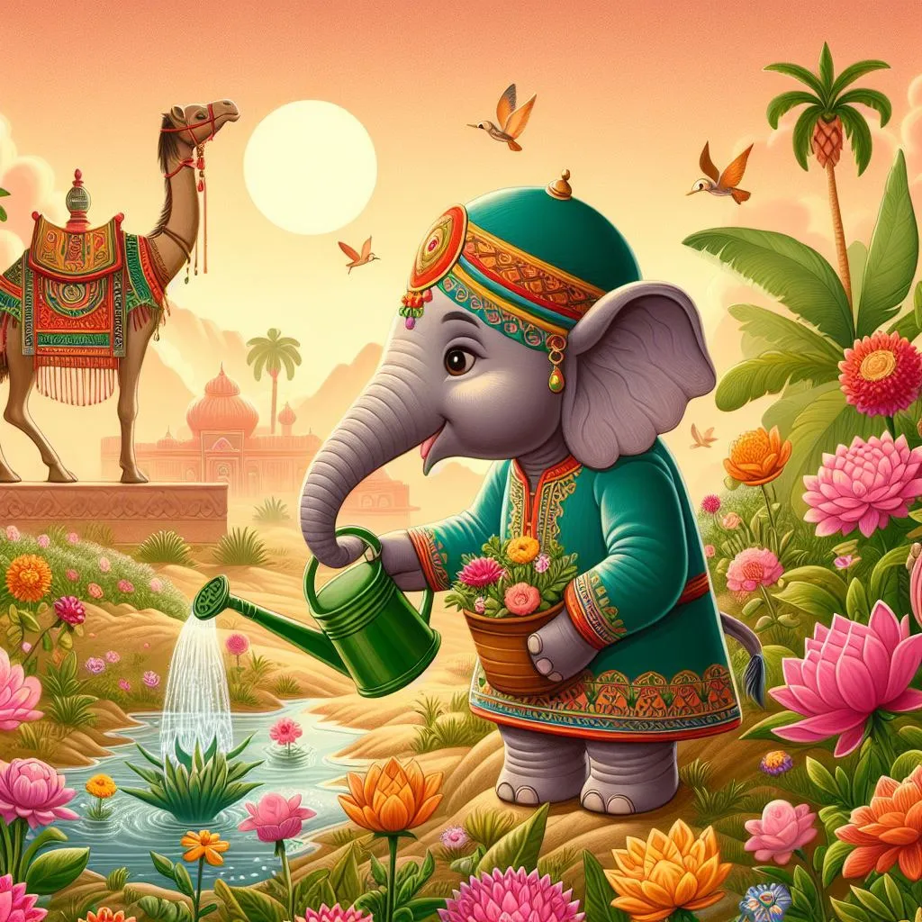 a painting of an elephant watering water from a watering can