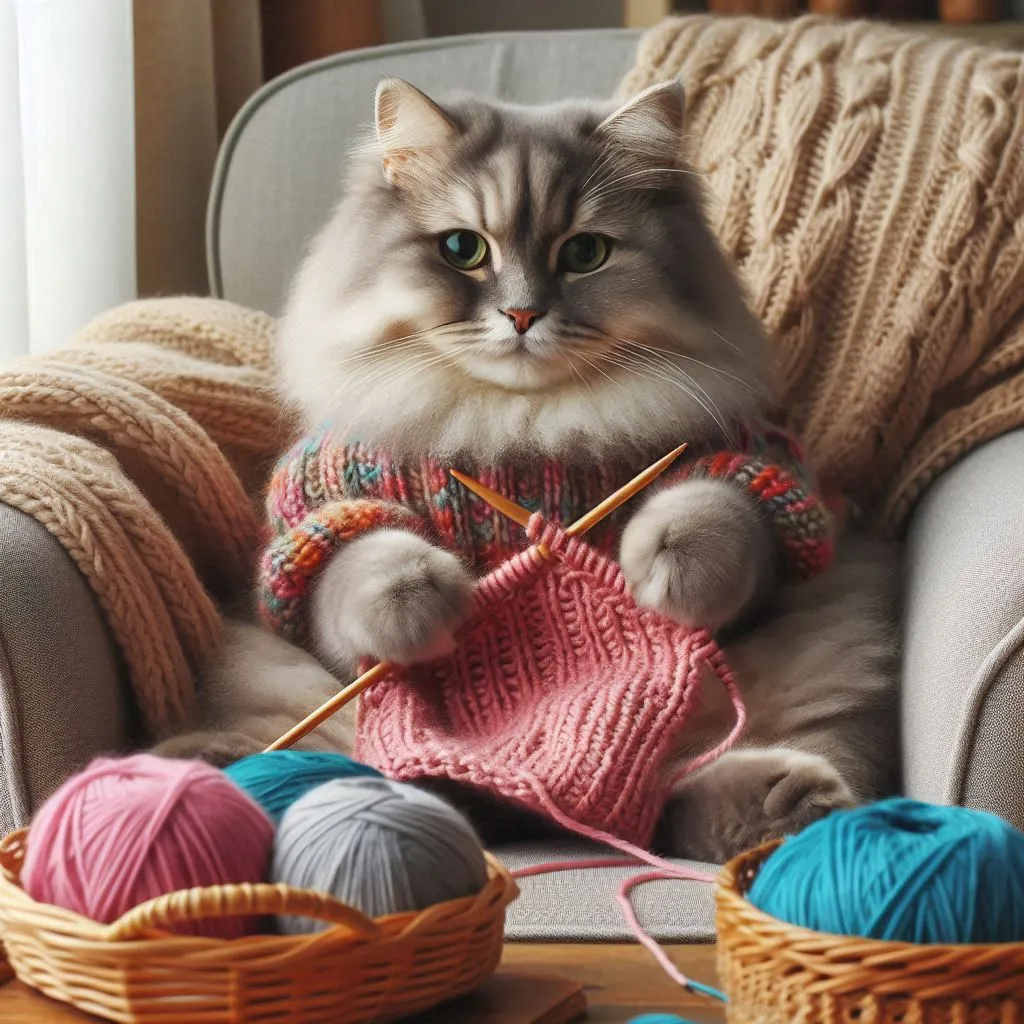 a cat sitting on a couch with a knitting kit