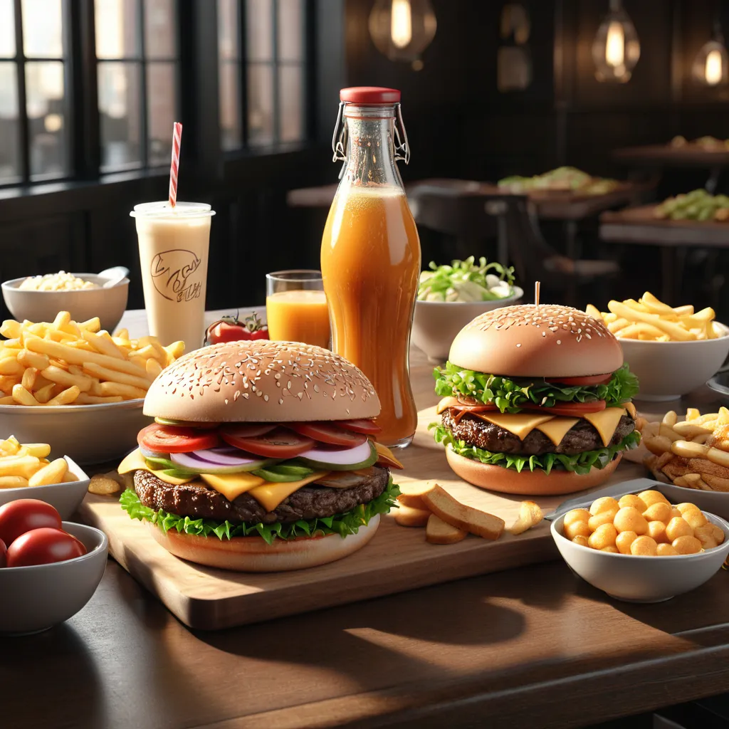 a wooden table topped with hamburgers and french fries