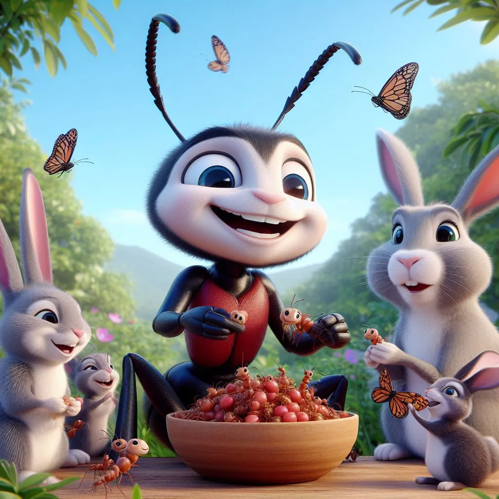 a cartoon character is surrounded by rabbits and a bowl of berries