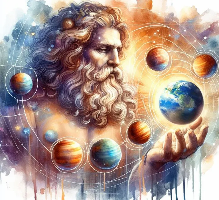 a painting of a man holding planets in his hands