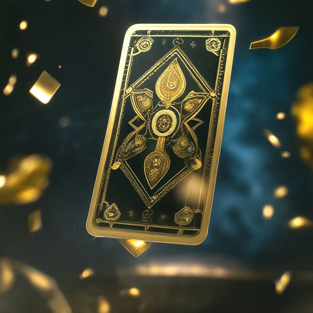 a gold playing card surrounded by gold confetti