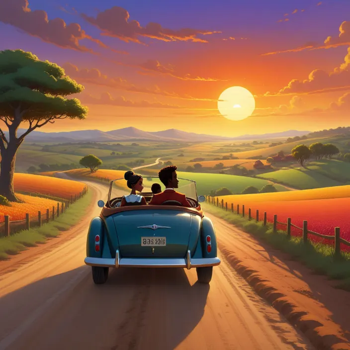 a painting of a couple driving in a convertible