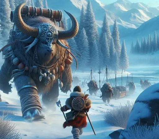 a painting of a man and a horned animal in a snowy landscape