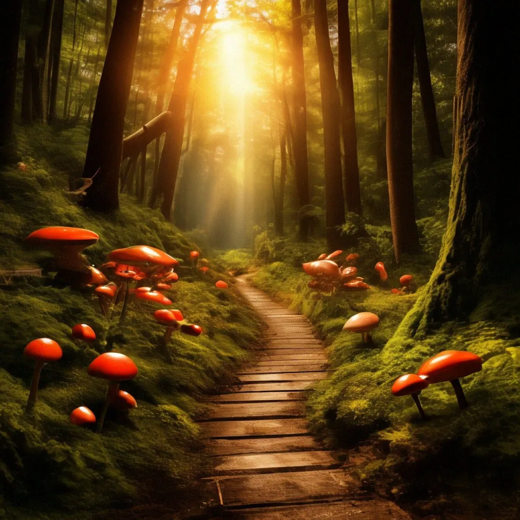 a path in the middle of a forest with red mushrooms