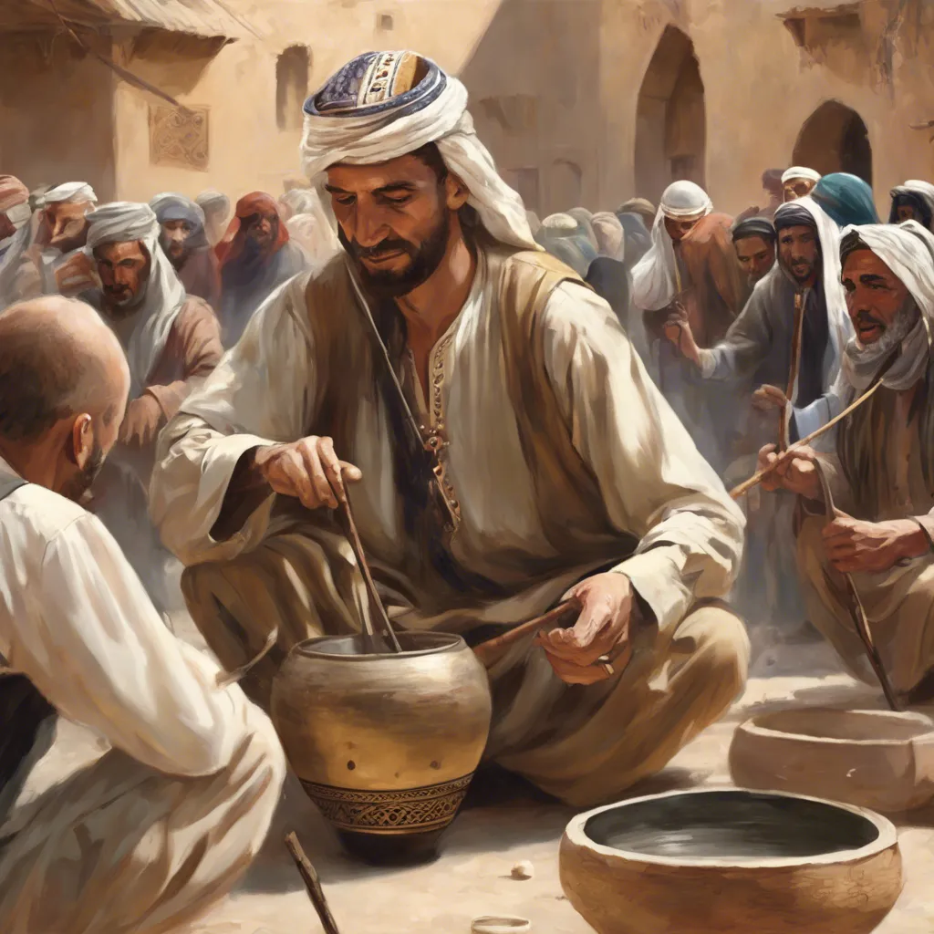 a painting of a man with a bowl in front of a group of people