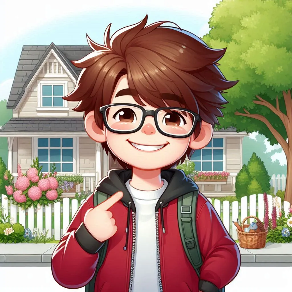 a cartoon boy with glasses giving a thumbs up