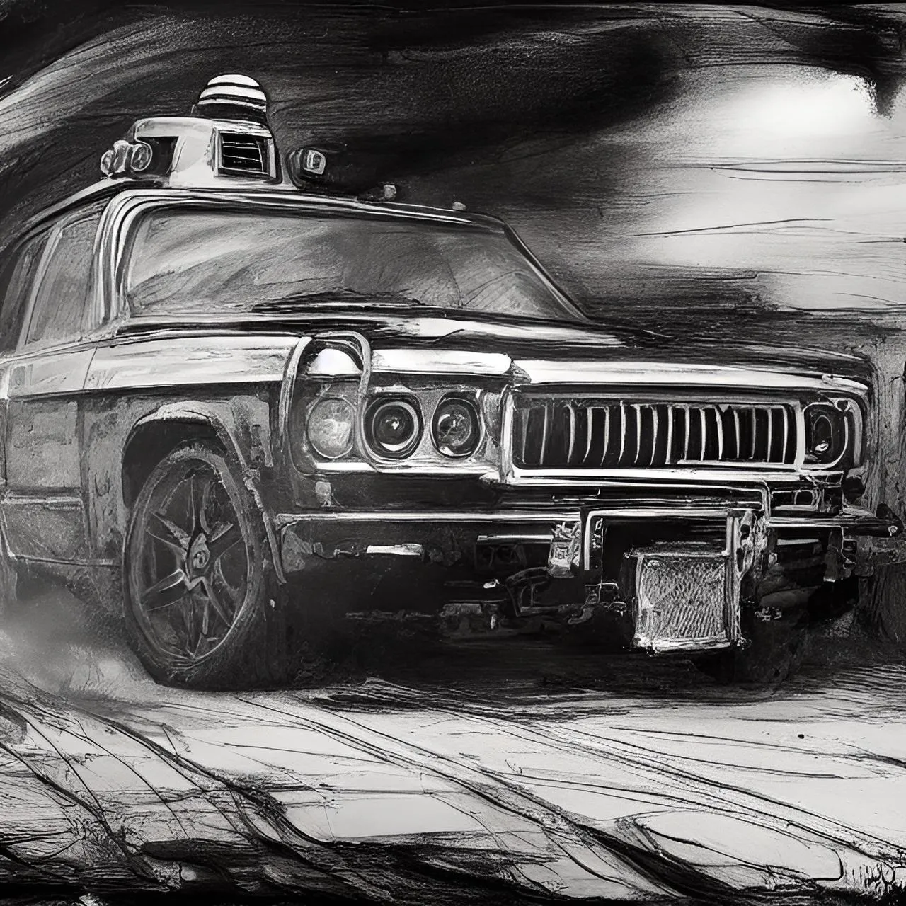 a black and white drawing of a car