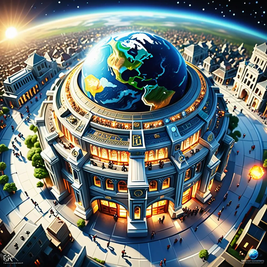 an aerial view of a building with a globe on top