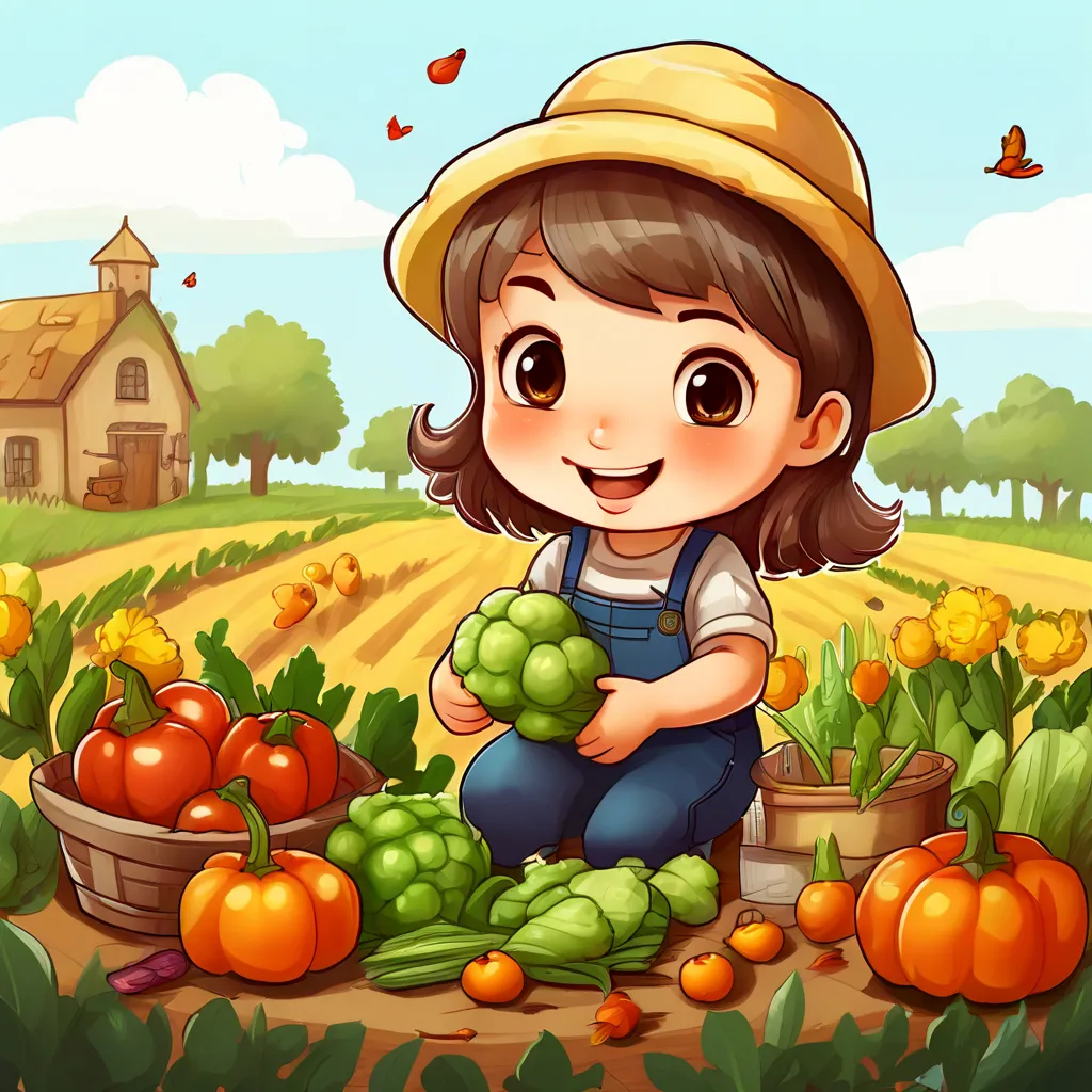 a little girl picking vegetables in a farm