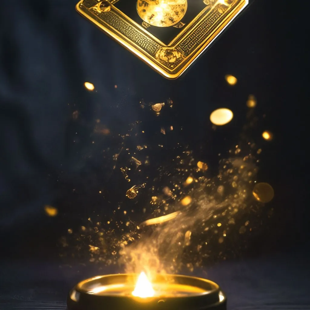 a lit candle with a golden square on top of it