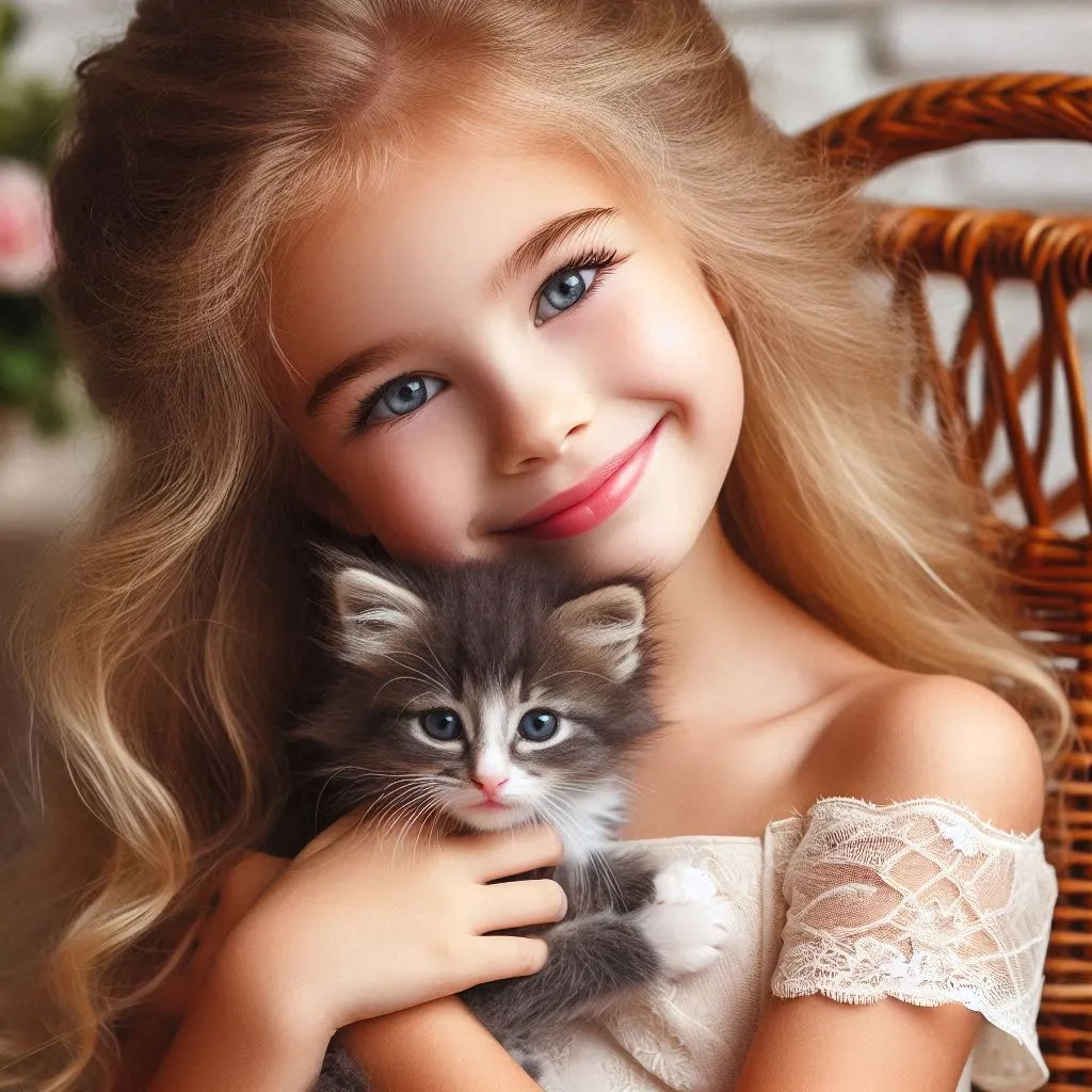 a young girl holding a kitten in her arms