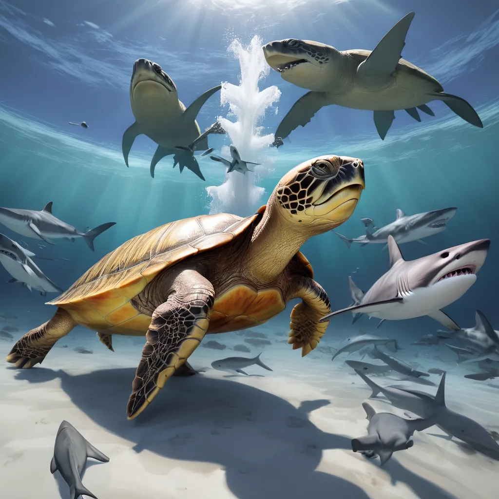 a painting of a sea turtle with ginger cat head surrounded by sharks