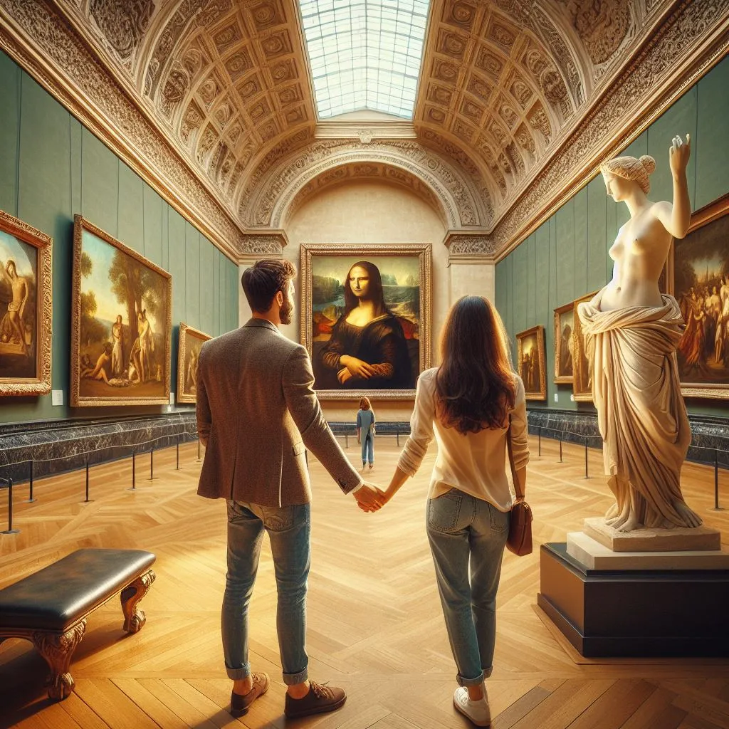 a man and a woman holding hands in a museum