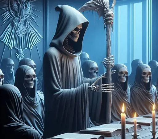 a group of skeletons standing around a table with candles in front of them