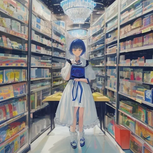 a painting of a woman in a store aisle