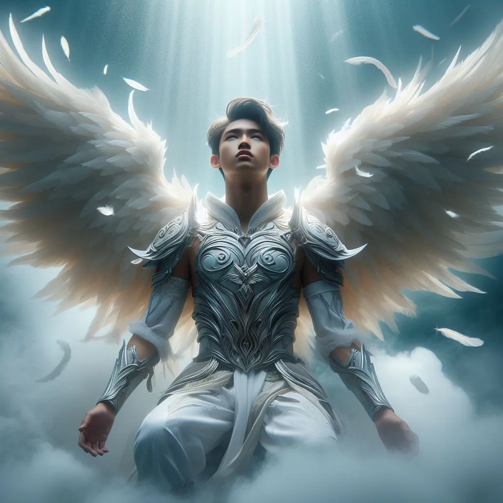 a man with wings standing in the clouds