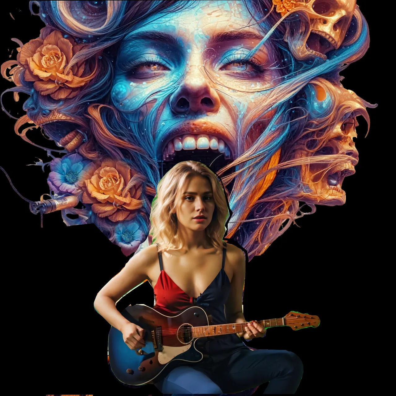 a woman with a guitar in front of her face