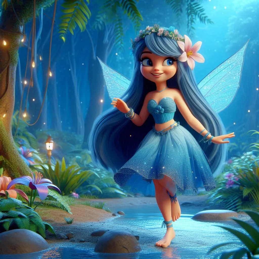 a beautiful fairy with blue hair wearing blue lehehenga smiling ,flower  on the head in the jungle at night   standng barefoot 3D animation cartoon 